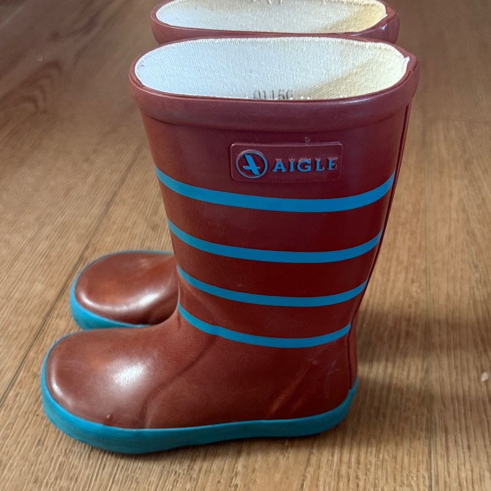 Kids Aigle Chestnut and Teal Striped Rain Boots
